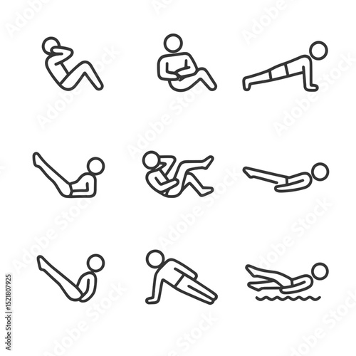 Core Exercise Icons. Outline icon set of core strengthening at home: sit-up, Russian twist, plank, leg raise, bicycle crunch,