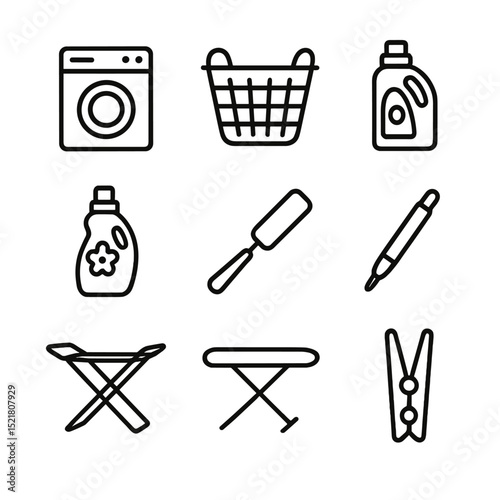 Laundry Icon Set. Outline icon set of laundry room cleaning scene: washing machine, laundry basket, detergent bottle, fabric
