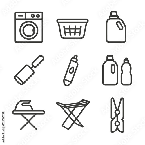Laundry Icon Set. Outline icon set of laundry room cleaning scene: washing machine, laundry basket, detergent bottle, fabric