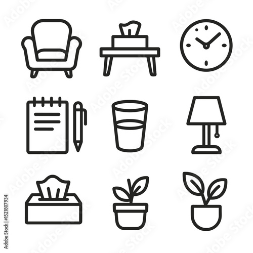 Counseling Icons Set. Outline icon set of counseling session environment: comfortable chair, coffee table, tissue box, notepad,