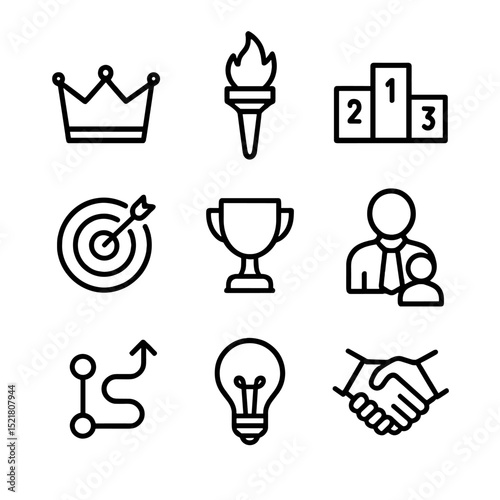 Leadership Icon Set. Outline icon set of leadership development coaching: crown, torch, podium, target, trophy, mentor figure,