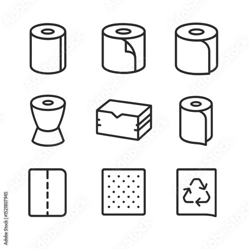 Paper Towel Icons. Outline icon set of paper towel types: single-ply roll, double-ply roll, jumbo roll, center-pull roll, folded