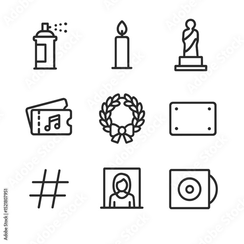 Legend Tribute Icons. Outline icon set of legend tributes: mural spray can, candle vigil, memorial statue, tribute concert ticket,