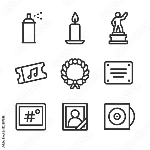 Legend Tribute Icons. Outline icon set of legend tributes: mural spray can, candle vigil, memorial statue, tribute concert ticket,