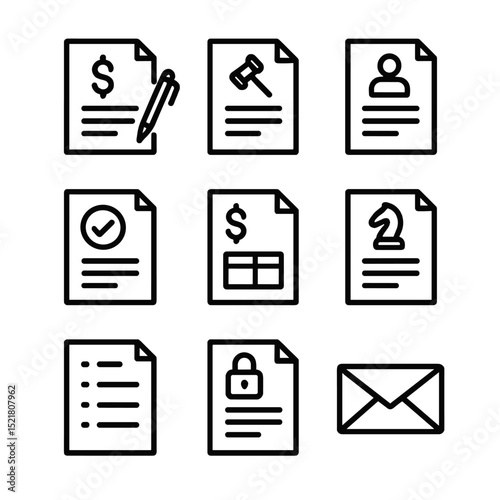 Legal Document Icons. Outline icon set of legal representation documents: retainer agreement, power of attorney, engagement letter