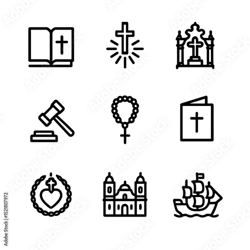 Counter-Reformation Icons. Outline icon set of Counter-Reformation Developments: Trent catechism, Jesuit cross, Baroque altar,