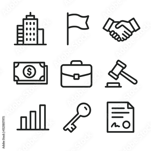 Corporate Takeover Icons. Outline icon set of corporate building takeover flag unfurl: office tower, raised corporate flag,