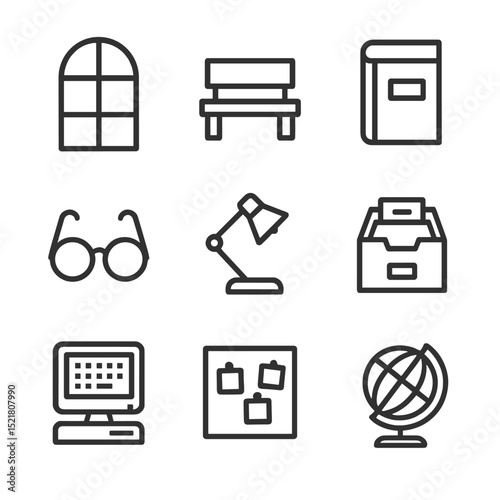 Library Icon Set. Outline icon set of library window corners: tall arched window, wooden bench, reference book, reading glasses,