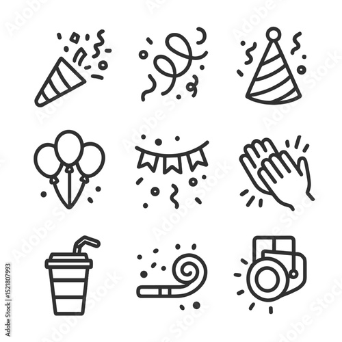 Outline Party Icons. Outline icon set of confetti shower gathering: confetti cannon, paper streamer, party hat, balloon cluster,