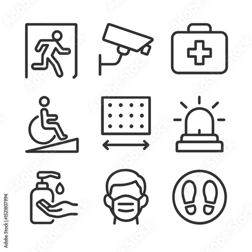 Library Safety Icons. Outline icon set of library safety and accessibility: fire exit sign, CCTV camera, first aid kit, wheelchair