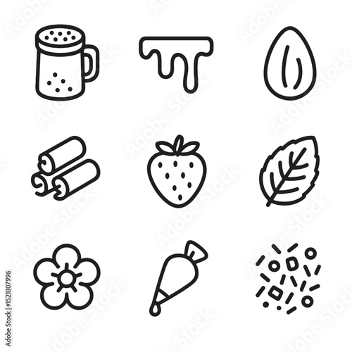 Pastry Decoration Icons. Outline icon set of pastry decorations: powdered sugar shaker, glaze drizzle, chocolate shavings, almond
