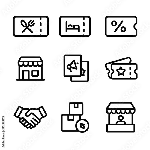 Cross-Promotion Icon Set. Outline icon set of cross-promotion collaborations: restaurant dinner voucher, hotel stay coupon, local