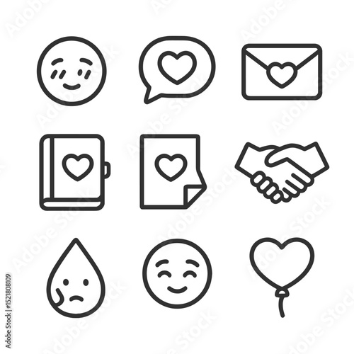 Crush Confession Icons. Outline icon set of Crush confession moments: blushing face, speech bubble with heart, envelope, diary,