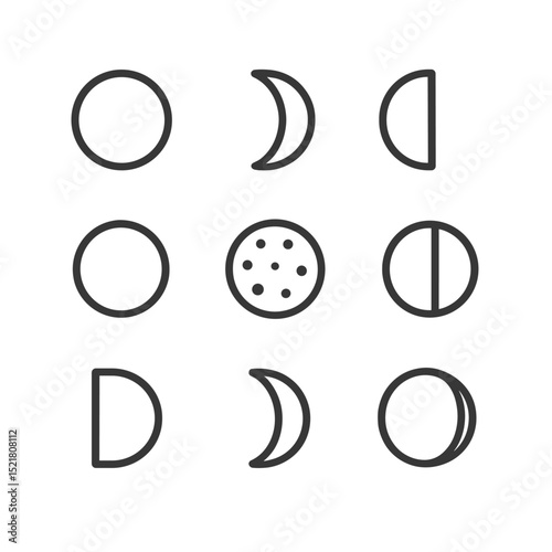 Lunar Phases Icons. Outline icon set of luminous moon phases: new moon, waxing crescent, first quarter, waxing gibbous, full moon,