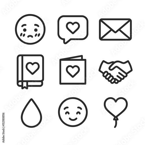 Crush Confession Icons. Outline icon set of Crush confession moments: blushing face, speech bubble with heart, envelope, diary,