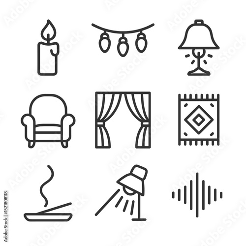 Performance Ambiance Icons. Outline icon set of performance ambiance: candle flame, fairy lights, vintage lamp, plush chair, stage