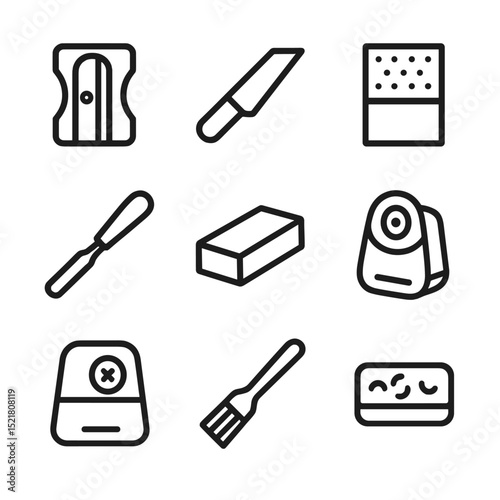 Pencil Sharpening Tools Icons. Outline icon set of basic pencil sharpening tools: pencil sharpener, knife blade, sandpaper block,