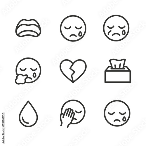 Crying Emotions Icons. Outline icon set of crying emotions: sobbing mouth, silent tear, weeping cheek, heavy sigh cloud, broken