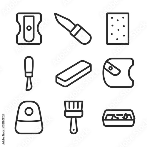 Pencil Sharpening Tools Icons. Outline icon set of basic pencil sharpening tools: pencil sharpener, knife blade, sandpaper block,
