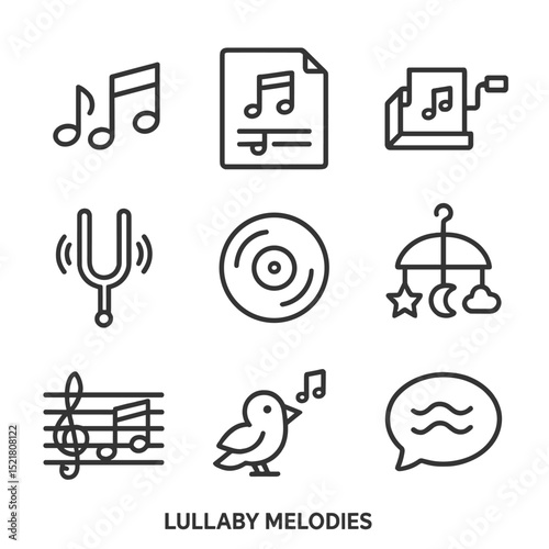 Lullaby Icons Collection. Outline icon set of lullaby melodies: musical notes, lullaby sheet, music box, tuning fork, vinyl record