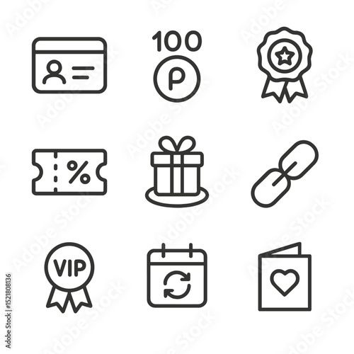Loyalty Program Icons. Outline icon set of loyalty and retention programs: membership card, points counter, tier badge, reward