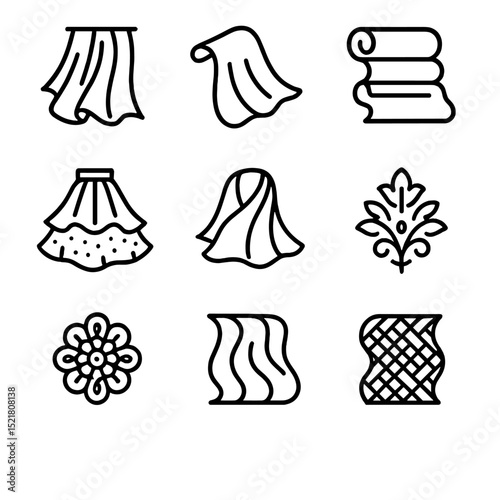 Luxurious Fabric Icons. Outline icon set of luxurious fabrics: satin, silk chiffon, velvet, tulle, organza, brocade, lace, crepe