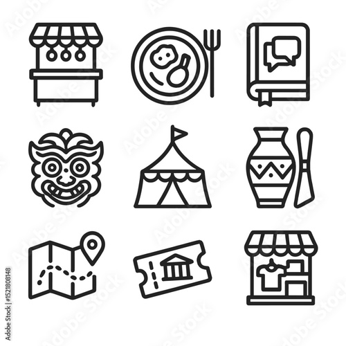Cultural Icon Set. Outline icon set of cultural experiences: street market stall, local cuisine plate, language phrasebook,