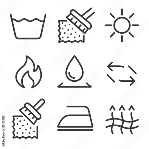 Performance Test Icons. Outline icon set of performance test indicators: wash cycle icon, rub test abrasion, lightfastness sun,