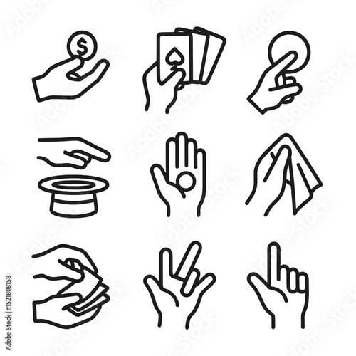 Magic Trick Icons. Outline icon set of sleight of hand tricks: coin manipulation, card tricks, magic ring, hat trick, hidden