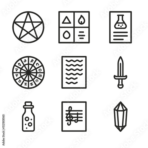 Magic Icon Collection. Outline icon set of spellcasting reference: magic circle diagram, elemental chart, potion recipe, horoscope