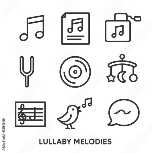 Lullaby Icons Collection. Outline icon set of lullaby melodies: musical notes, lullaby sheet, music box, tuning fork, vinyl record