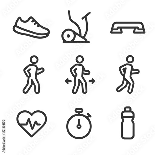 Low-Impact Cardio Icons. Outline icon set of low-impact cardio sessions: walking shoe, elliptical icon, step platform, marching in