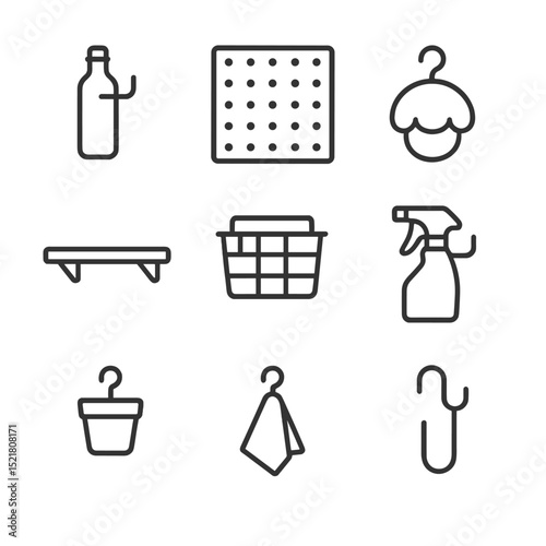Pegboard Icon Set. Outline icon set of pegboard wall shelf with bottles: peg hook bottle, perforated board, adjustable shelf,