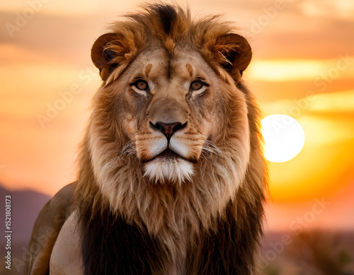 Portrait of a lion, Lion of Judah, exuding strength and power. Christian conceptual illustration, lion in the sunset