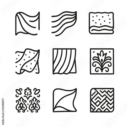 Luxurious Fabric Icons. Outline icon set of luxurious fabrics: satin, silk chiffon, velvet, tulle, organza, brocade, lace, crepe