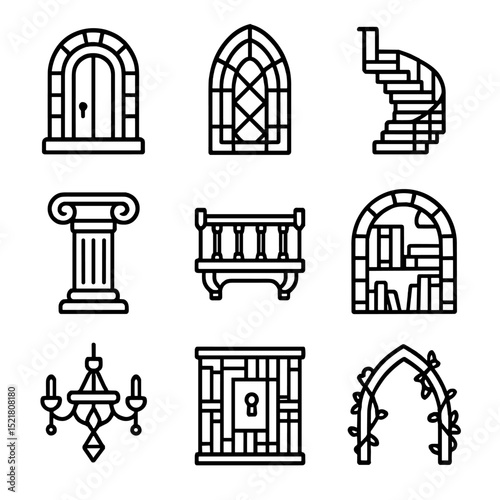 Magical Library Icons. Outline icon set of magical library architecture: arched doorway, stained-glass window, spiral staircase,