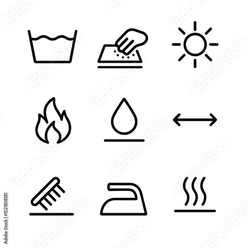 Performance Test Icons. Outline icon set of performance test indicators: wash cycle icon, rub test abrasion, lightfastness sun,