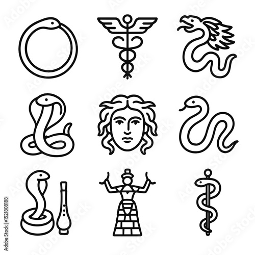 Cultural Snake Icon Set. Outline icon set of snakes in culture: ouroboros, caduceus staff, Aztec feathered serpent, Naga, snake
