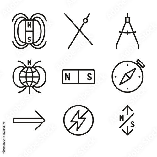 Magnetic Icon Set. Outline icon set of magnetic north concepts: magnetic field lines, declination angle, dip needle, isogonic map,