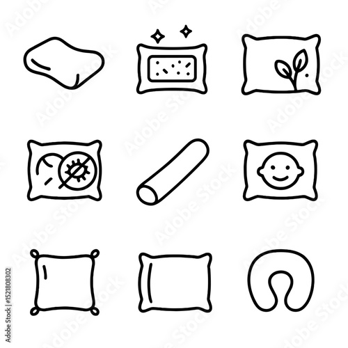 Pillow Shop Icons. Outline icon set of pillow shop categories: orthopedic pillow icon, cooling gel pillow, organic latex pillow,
