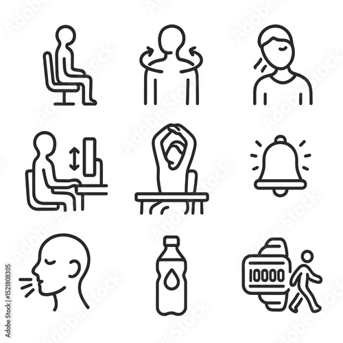 Daily Posture Icons. Outline icon set of daily posture habits: sitting straight, shoulder roll, neck tilt, screen height