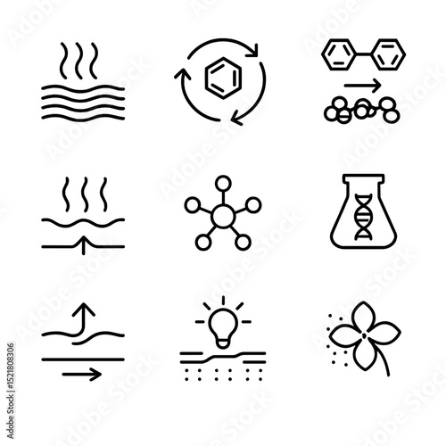 Photoprotection Icon Set. Outline icon set of photoprotection mechanisms: non-photochemical quenching, xanthophyll cycle,