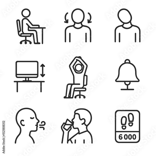 Daily Posture Icons. Outline icon set of daily posture habits: sitting straight, shoulder roll, neck tilt, screen height