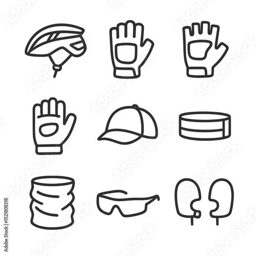 Cycling Gear Icons. Outline icon set of cycling protective gear: bike helmet, cycling gloves, padded gloves, fingerless gloves,
