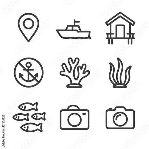 Marine Management Icons. Outline icon set of marine protected areas management: map marker, patrol boat, ranger hut, signpost,