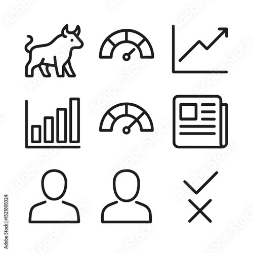 Market Sentiment Icons Grid. Outline icon set of Market sentiment indicators: bull icon, bear icon, sentiment meter, line chart,