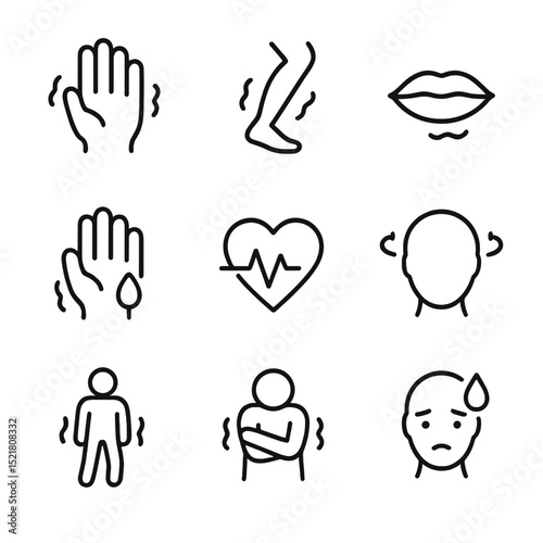 Physiological Tremors Icons. Outline icon set of physiological tremors: quivering hand, shaking leg, trembling lips, sweating palm
