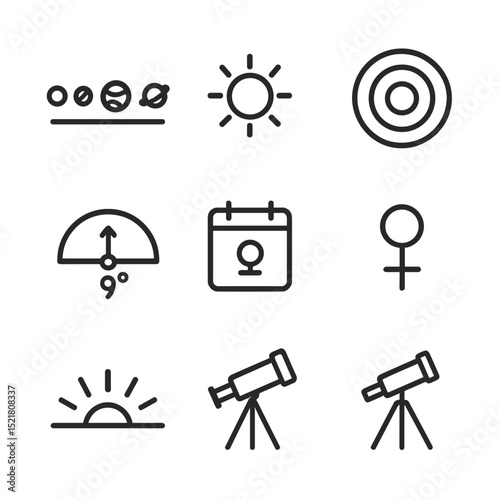 Planetary Alignment Icons. Outline icon set of planetary alignments: planetary icons, alignment line, sun center, orbit circles,