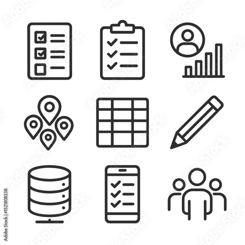 Mass Data Icons Set. Outline icon set of mass data collection and census: survey form, clipboard, demographic chart, map pin