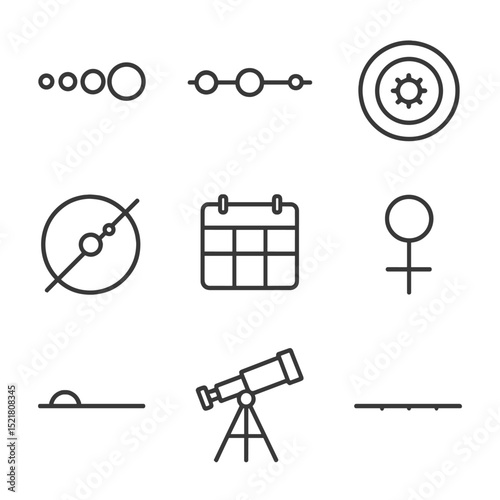 Planetary Alignment Icons. Outline icon set of planetary alignments: planetary icons, alignment line, sun center, orbit circles,